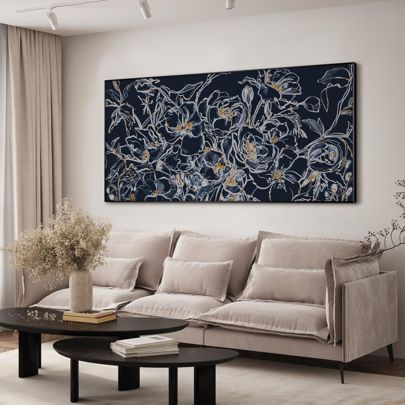 Fleurs délicates dessinées à la main avec des décorations dorées, très grande impression encadrée (assemblage requis)