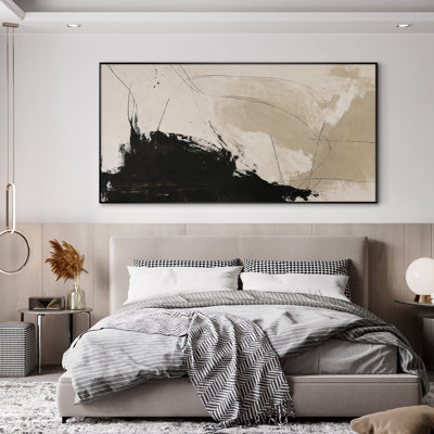 Extra Large Wall Art Fabric Print - Neutral Abstract Design with Black Accents for Living Room or Bedroom - "Frame Assembly Required (Unfinished Frame)"