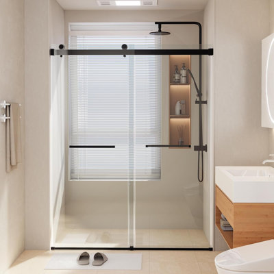 56"-60" W X 75" H Double Sliding Frameless Shower Door with 5/16-in (8mm) Tempered Glass, Stainless Steel Accessories