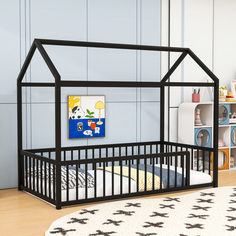 Metal Floor Bed Frame With Fence, Twin, Black