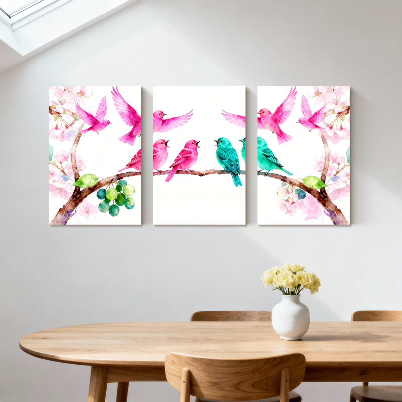 «Birds Birds Cherry Blossoms Branch», ensemble de 3 impressions sur toile, H 18 po x l 36 po