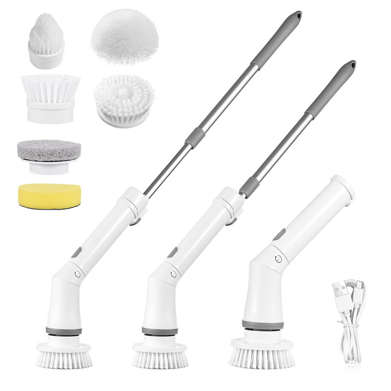 Brosse de nettoyage électrique télescopique électrique sans fil 6 têtes remplaçables à 2 vitesses avec bras d'extension réglable