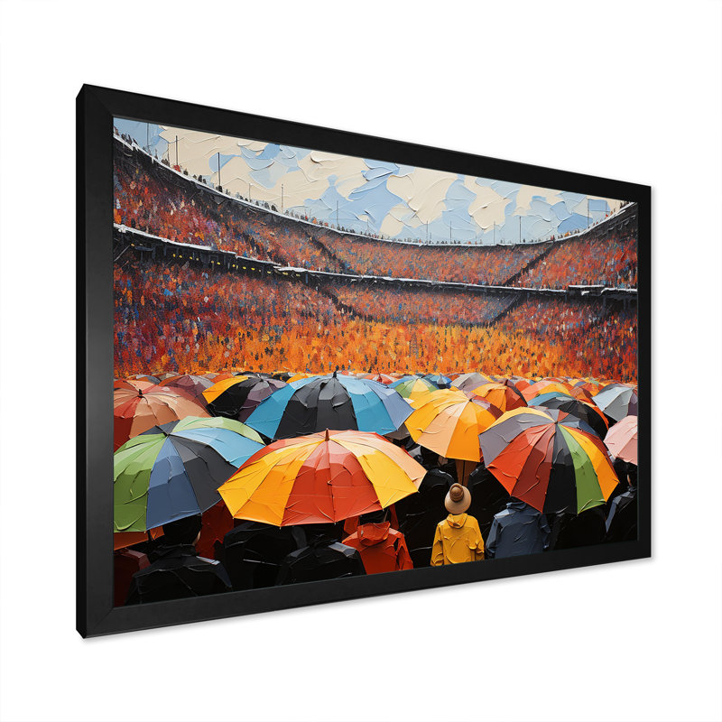 «Stadium Crowd with Umbrella In Rainy Day II», reproduction sur toile, Cadre simple noir, H 34 po x l 44 po x P 1,5 po