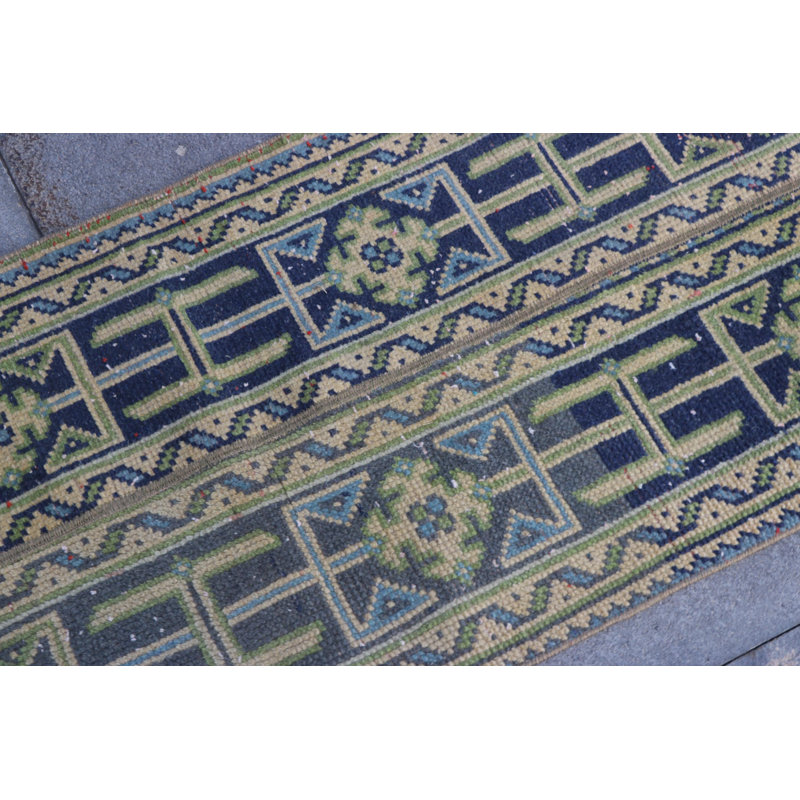 Vintage Turkish Anatolian Patchwork Runner Rug in Vibrant Greens for Corridors and Hallways