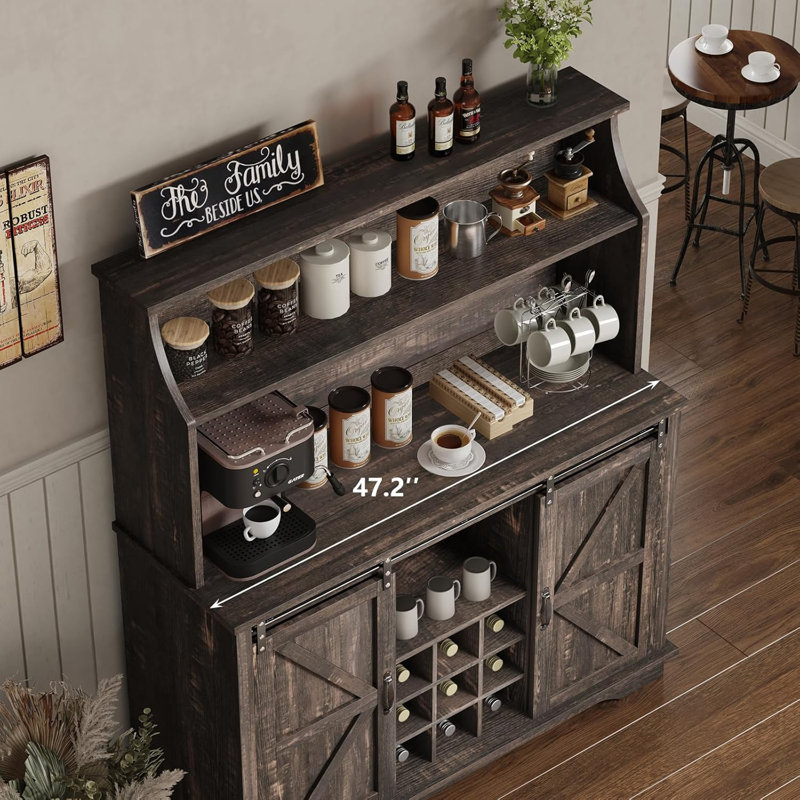 Abrianna 47" Farmhouse Coffee Bar with 3-Tier Storage, Kitchen Hutch with 9 Wine Racks & 3 Glass Holders, Coffee Hutch Cabinet with 6 Hooks, Wine Bar Cabinet for Kitchen, Dining Room, Living Room