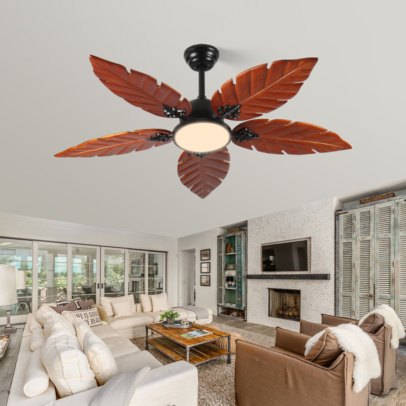 52" Tropical Palm Leaf Ceiling Fan – Black+dark Walnut Wood+metal Reversible Fan, Hand-sanded Blades & Low-temp Pure Copper Motor For Patio/living Room Indoor Outdoor Home Decor