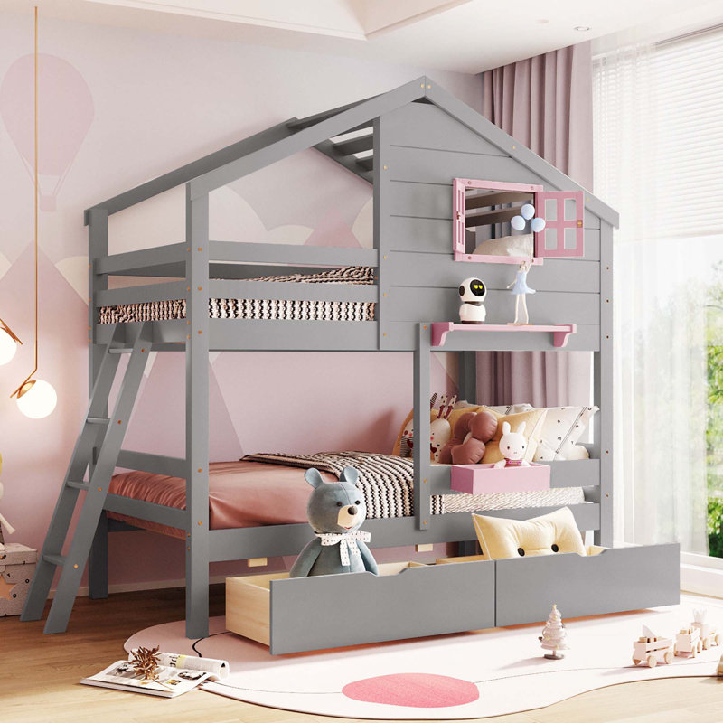 Twin Over Twin Bunk Bed With 2 Drawers, 1 Storage Box, 1 Shelf, Window And Roof, Gray