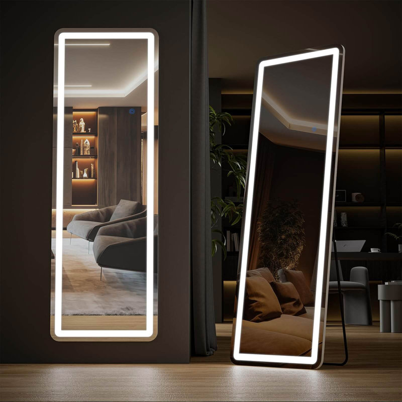 3 Color Lighting Mirror with LED Lights, Lighted Floor Standing Mirror with Stand, 59.8" x 15.7" 