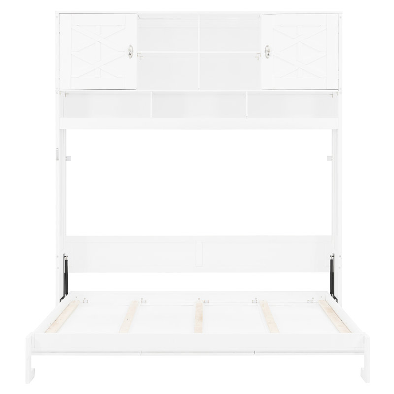 Grand lit mural blanc, avec grand espace de rangement, motif rayé à motif de losanges et capacité de charge de 600 lb offrant une apparence de matelas de 6 à 8 pouces