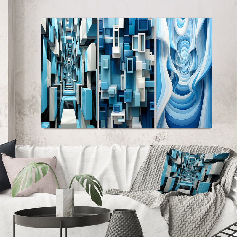 «Op Art Blue Focus», 3 pièces sur toile, Toile tendue, H 40 po x l 60 po