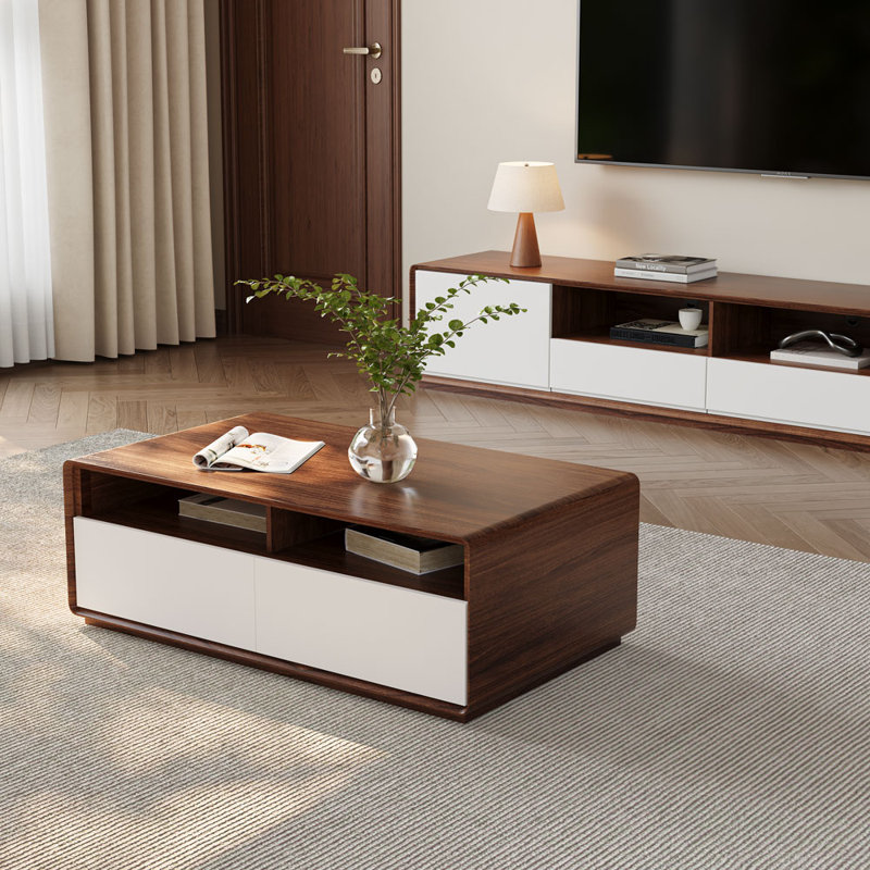 Table basse rectangulaire moderne de 47 po avec rangement, table basse rectangulaire en bois, 4 tiroirs pour le salon, tablette ouverte, entièrement assemblée