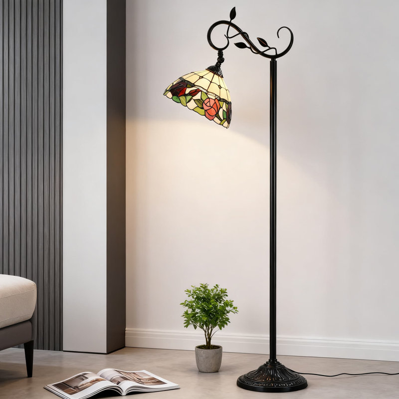 Tiffany Style Stained Glass Floor Lamp With Rose Flower Design, 59.5-Inch Handcrafted Reading Lamp With Adjustable Shade And Foot Switch