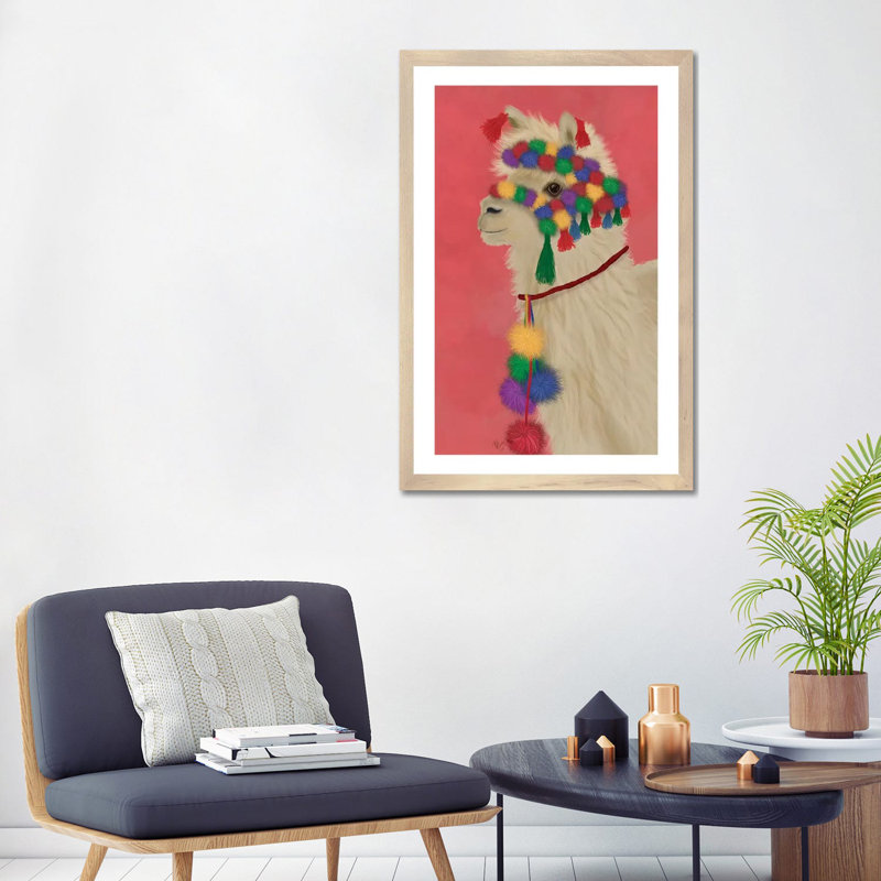 «Llama Traditional 2, Portrait» par Fab Funky - impression d'art graphique, Papier avec cadre beige, Blanc