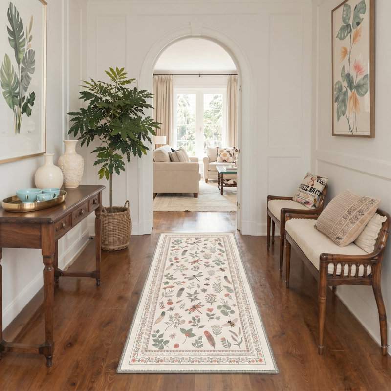 Adonis Wildmere Rustic Machine Washable Beige / Green / Pink Indoor Area Rug with Non-Slip Backing, Runner 2' x 7'