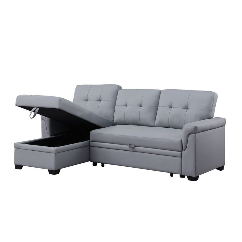 Jardin 84"W Gray Vegan Leather Modern Reversible Sleeper Sectional Sofa With Storage Chaise, Gray Faux Leather