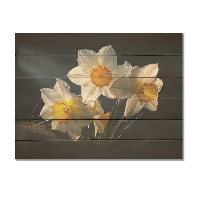 Fleur de jonquilles blanches et jaunes - Art mural en bois jonquilles sur bois de pin naturel