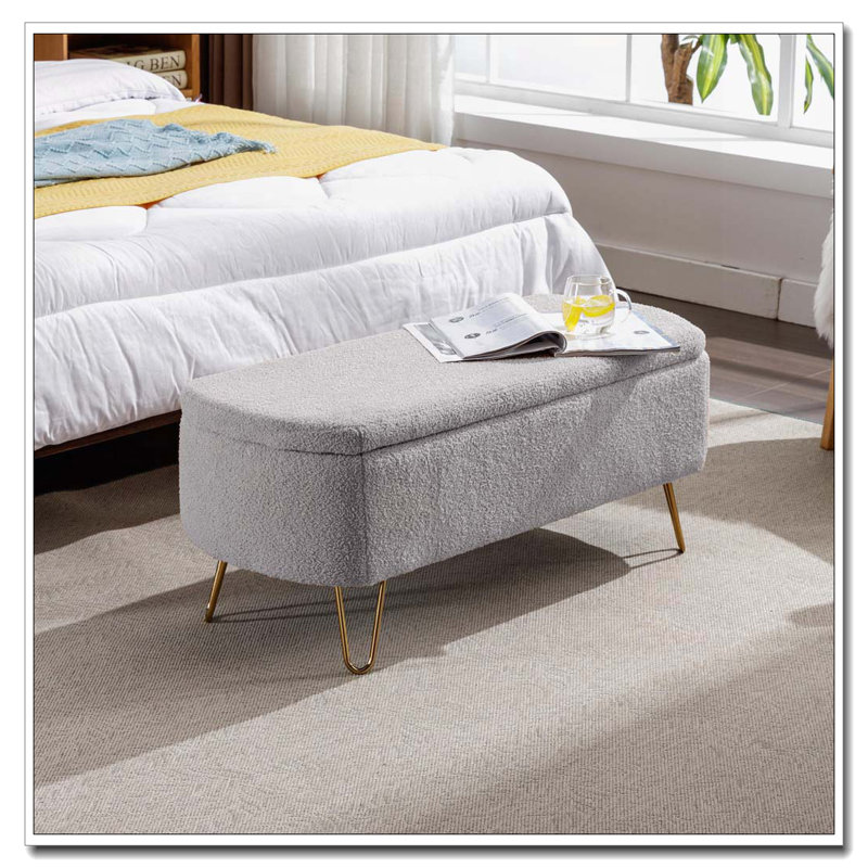 Faux Fur Flip Top Storage Bench with Gold Legs, Gray