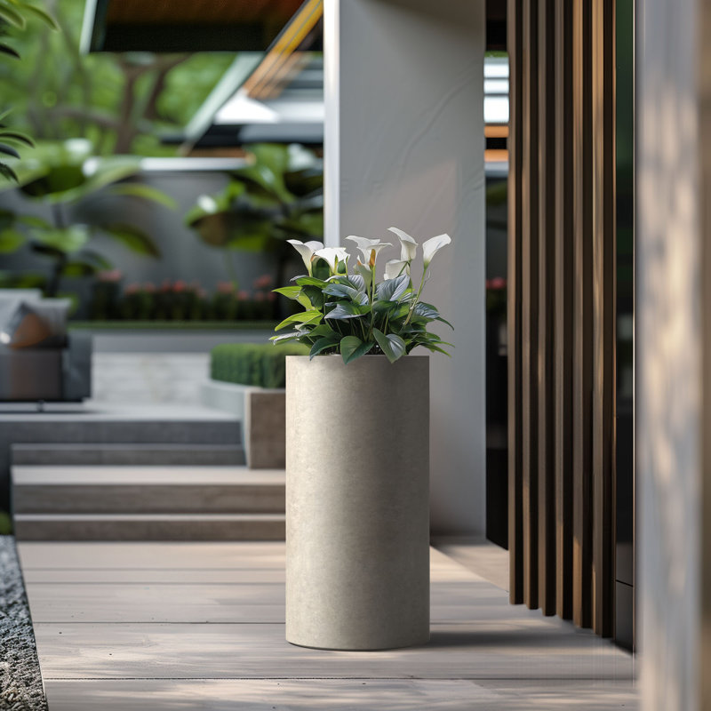 Grand pot / pot rond en béton avec trous de drainage, Gris clair, H 27,76 po x l 14,17 po x P 14,17 po
