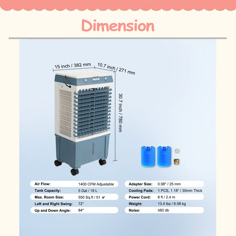 Refroidisseur par évaporation, refroidisseur d'air de 1400 pi³ / min, refroidisseur de marais oscillant à 84 °, refroidisseur d'air portatif de 5 gallons pour 550 pieds carrés avec contrôle réglable à 3 vitesses