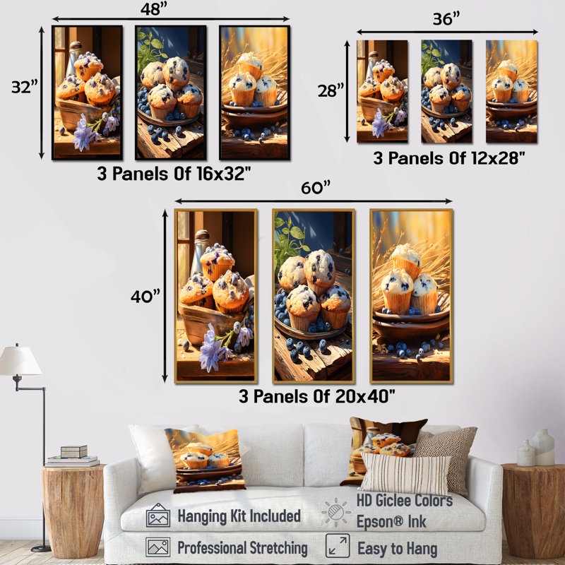 «Blue Fresh Muffin Morning - Baked Goods», ensemble de 4 reproductions d'art mural, Cadre flottant doré, H 28 po x l 36 po