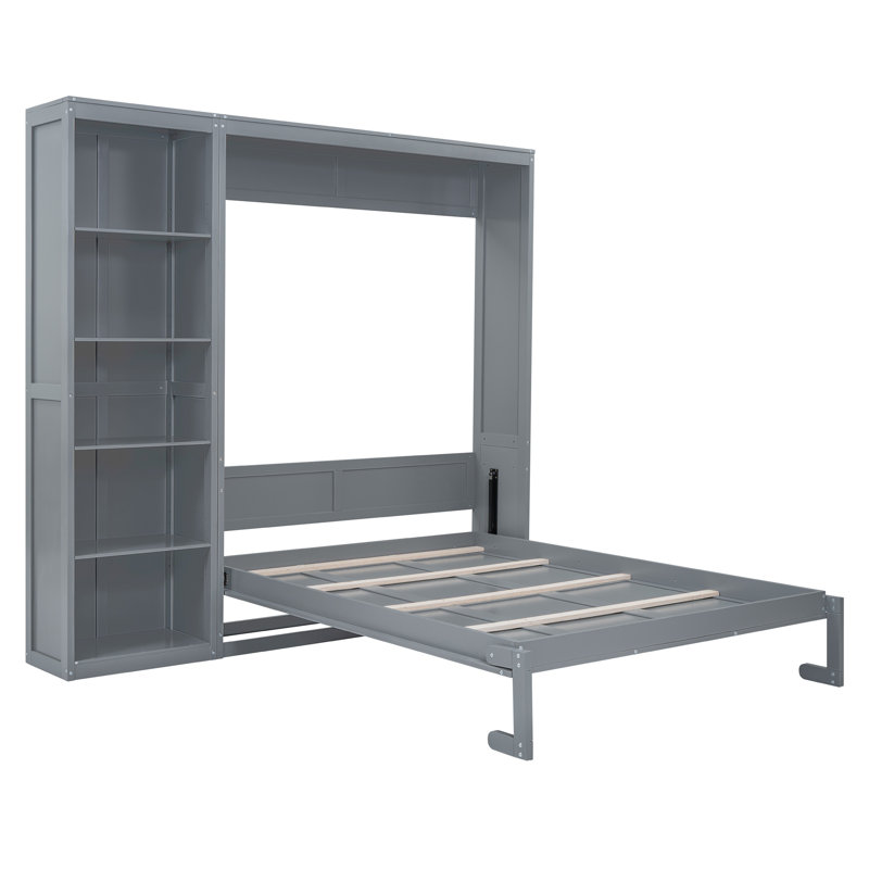 Murphy Bed Wall Bed with Shelves, Gray, Full