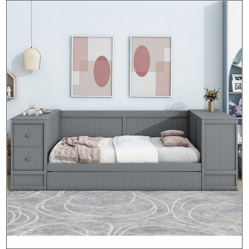 Daybed With Storage Arms, Trundle And Charging Station, Grey