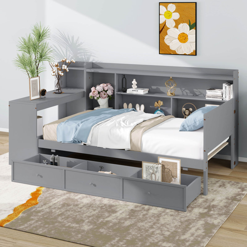 Lit de jour simple en bois, structure de canapé-lit avec 3 tiroirs de rangement, ports USB, tablettes de rangement et bureau d'étude