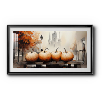 Citrouilles d'automne sur un banc avec église - Impression encadrée avec passe-partout et verre - Fêtes de Noël - Série botanique CLXXXI, ouverture 16x32 dans un cadre noir, dimensions extérieures 19x35