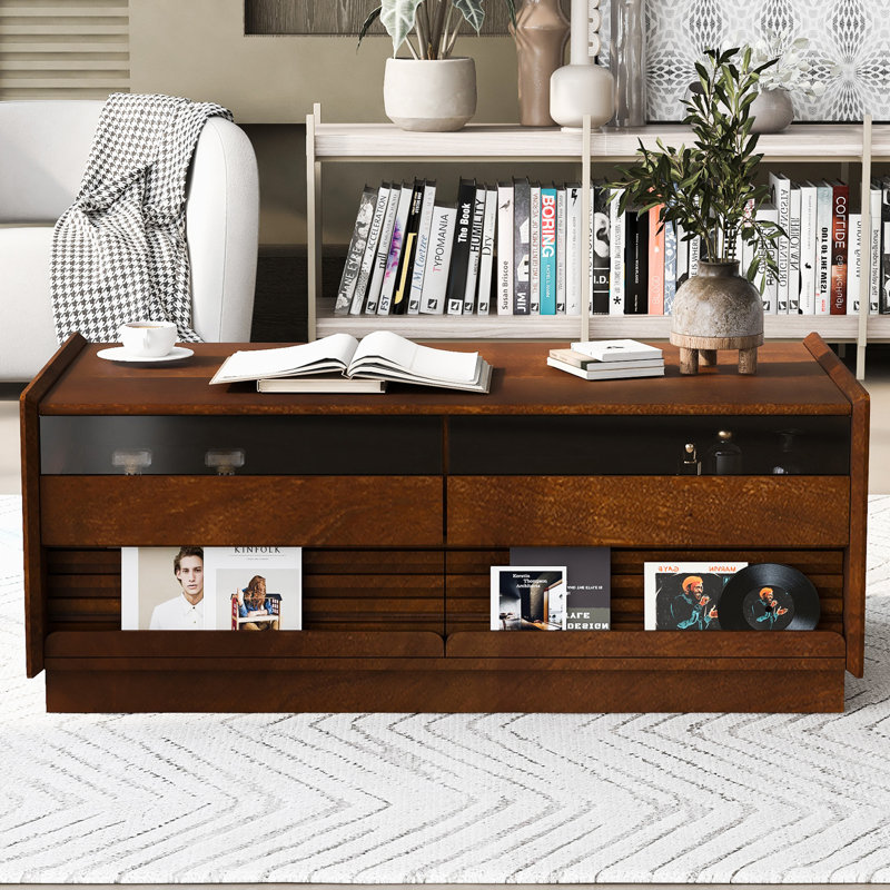 Table basse rectangulaire moderne avec 4 tiroirs et 2 tablettes, table basse en bois trempé de 47,2 po de style cannelé pour le salon