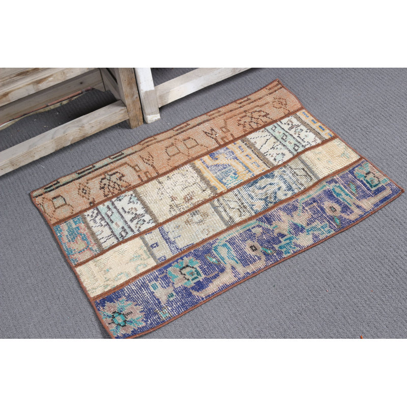 Charming Small Vintage Turkish Patchwork Oushak Rug in Brown Ideal for Entry or Kitchen Accent with Cute Flatweave Design