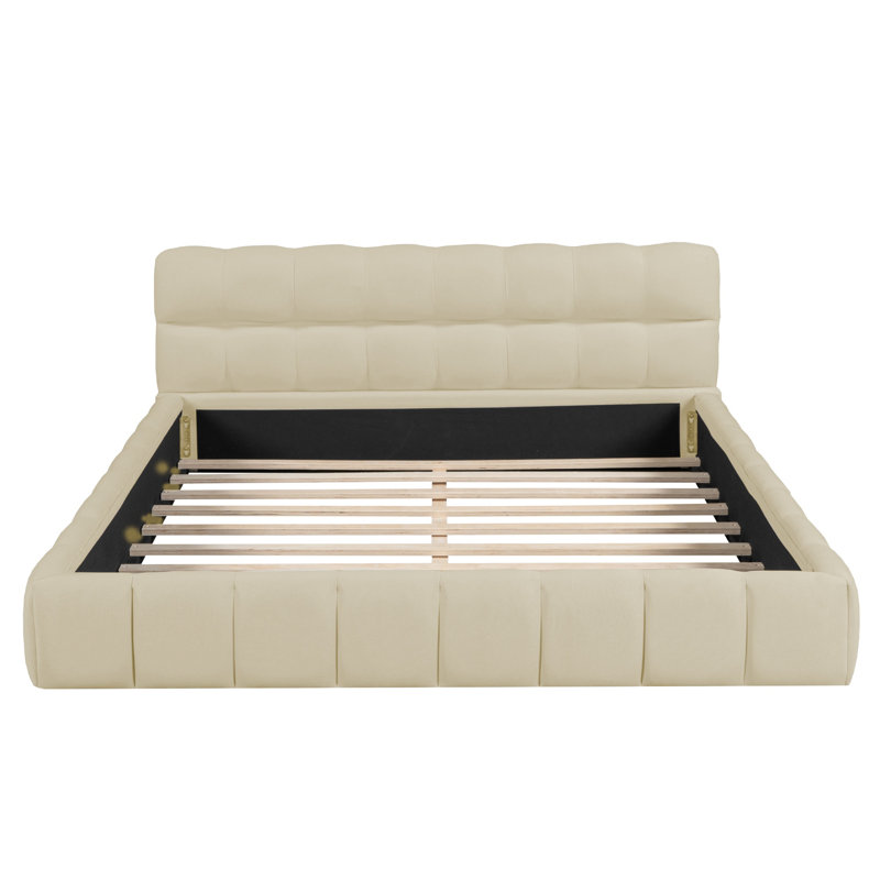 Grand lit plateforme tapissier avec tissu épais, Beige