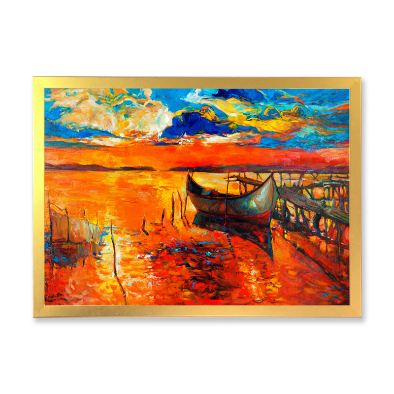 Bateau rouge et jetée, peinture murale décorative nautique et côtière, H 8 po x l 12 po x P 1,5 po, Encadrement doré