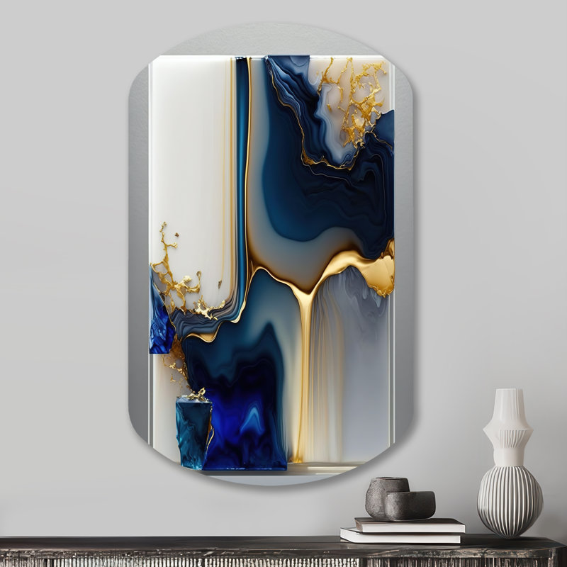 Abstrait géométrique en forme de marbre doré et bleu I - art mural cylindrique en métal, reproduction d'art asymétrique moderne