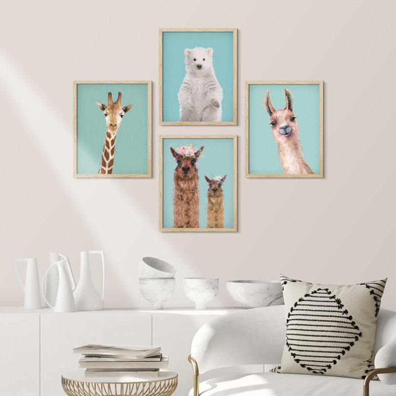 Chambre d'enfant - Pépinière de lama, girafe encadrée sur papier, impression de 4 pièces, Naturel, H 16 po x l 12 po