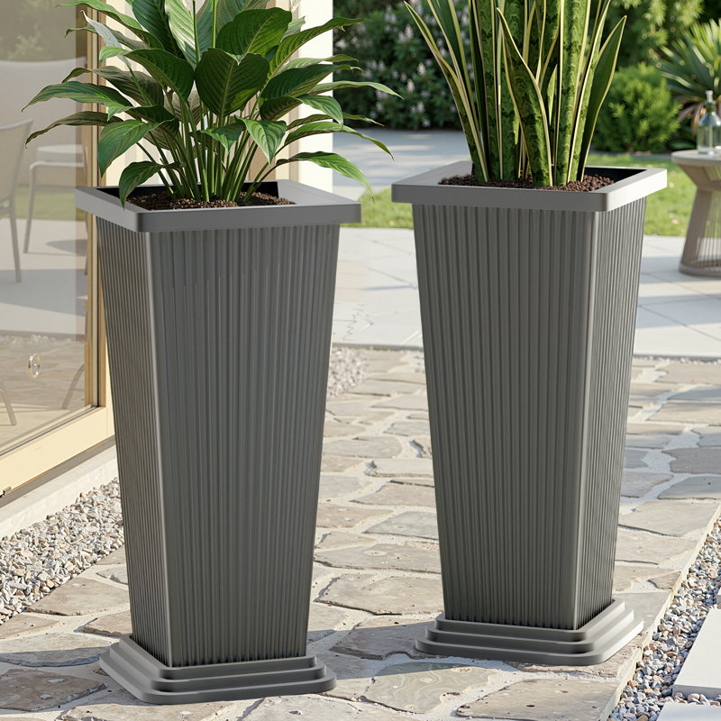 Set of 2 Large Tall Planter for Indoor or Outdoor - 24 inch Planter with Tray for Porch, Tall Outdoor Planter for Patio, Backyard, Large Planters for