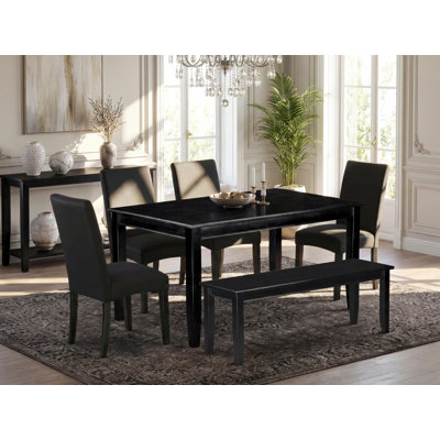 6 Piece Dining Room Table Set Contains a Rectangle Wooden Table and 4 Black Color Linen Fabric Upholstered Chairs with a Bench, Black