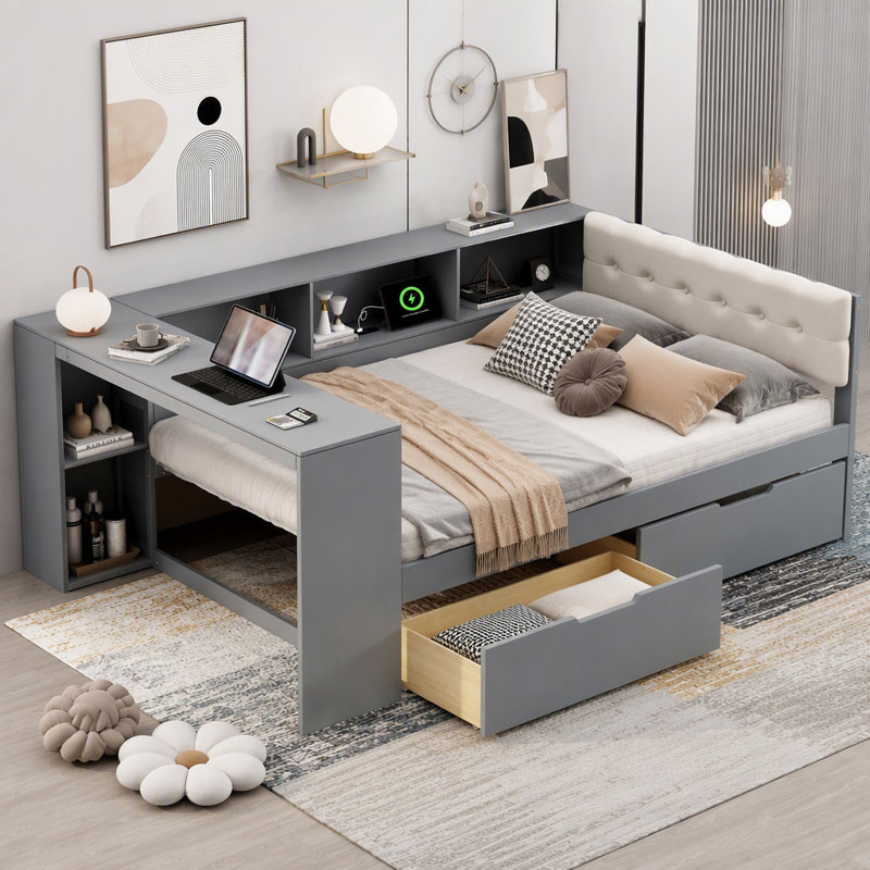 Lit plateforme double avec tablettes de rangement, tiroirs et station de charge, gris, Double, Grey