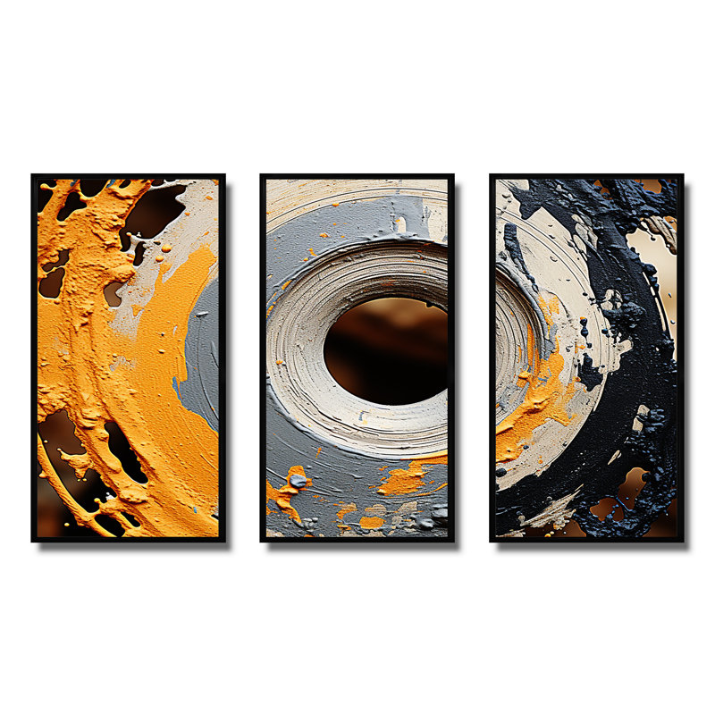 Spirale de pierre moderne gris et jaune - art abstrait spirales murales, H 28 po x l 36 po x P 1 po, Cadre flottant noir