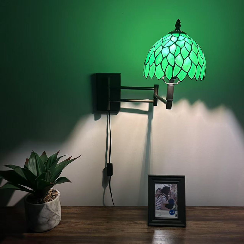 Tiffany Sconce Lamp Plug in Swing Arm Green Stained Glass LeavesLED Bulb Included 13”W*8”D*15”H