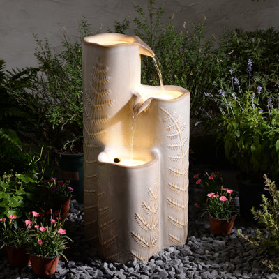 Triple Column Ivory Ceramic Fountain, Decorative Water Fountain with LED Lights and Quiet Pump, Indoor Outdoor Water Feature for Patio, Garden, Deck, Balcony, Office and Home Décor, Relaxing Cascading Water Design