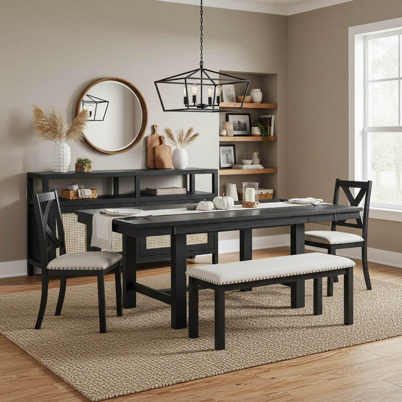 Rustic 7-Piece Extendable Dining Set With Upholstered Chairs, Bench & Boho Rattan Sideboard