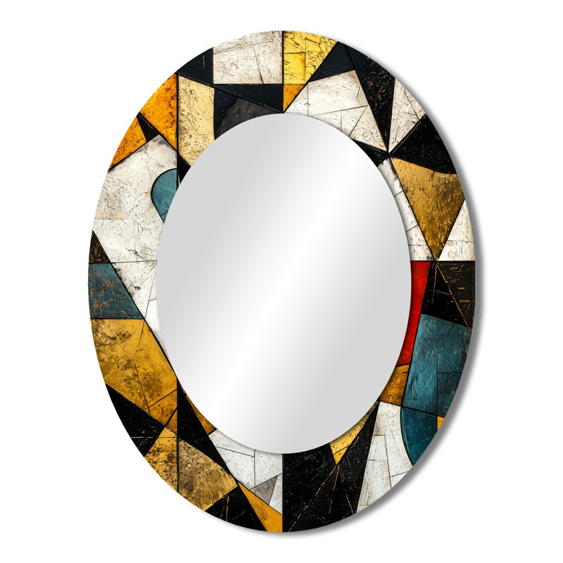 Black Yellow Fragmentation Abstract Shapes III - Abstract Oval Decorative Mirror On Metal, 43" x 33"