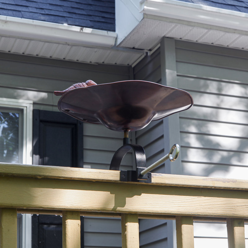 Antique Copper Birdbath with Sculpted Songbirds and Railing Bracket