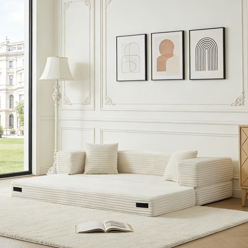 Modern Corduroy Boneless Convertible Sofa Bed, Classic Square Design With Two-Tier Cushion, Space-Saving Sleeper For Apartments & Large Spaces