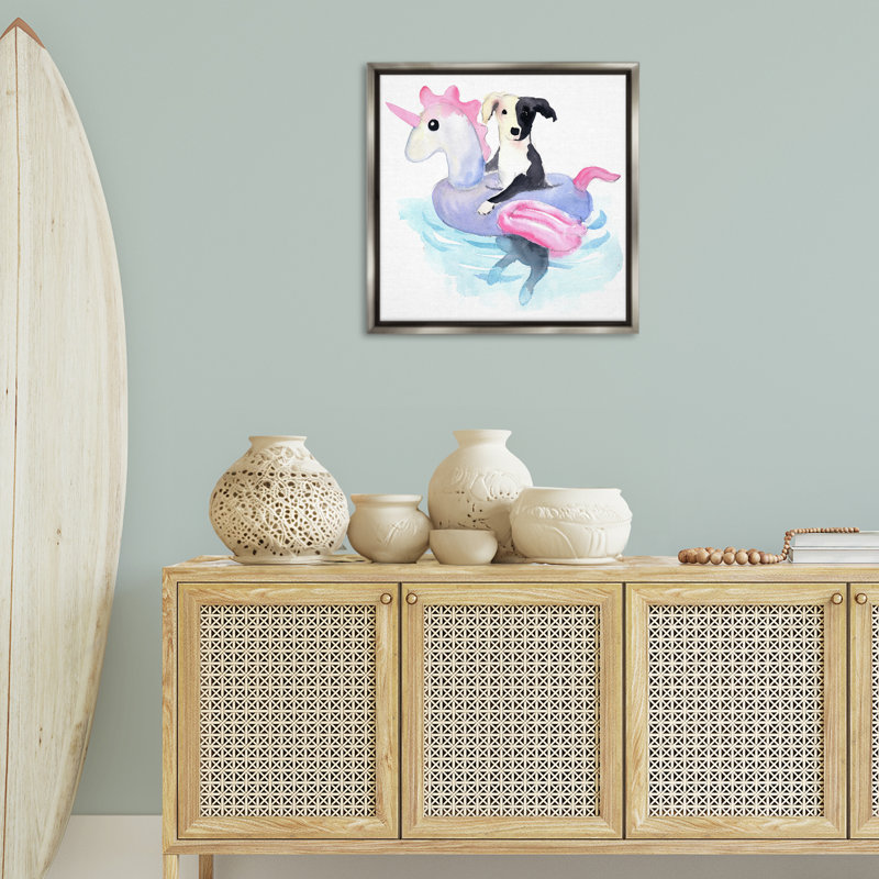 «Sandy Dog Pool Float» par Geoff Allen, H 25 po x l 25 po, Cadre flottant noir de jais