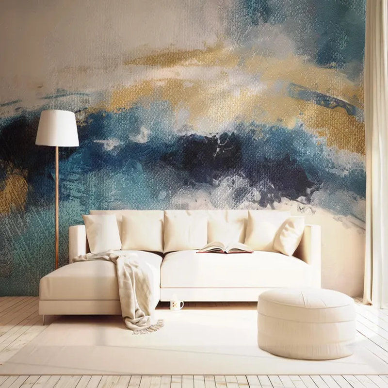 Murale vague bleue et or abstraite, L 108 po x l 96 po