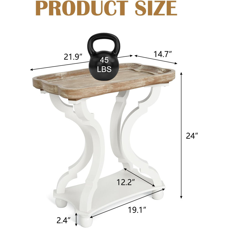 End Table，Narrow Side Table for Small Spaces, Accent Living Room Table, Wood Tray Table, Night Stand with Shelf, White & Nature