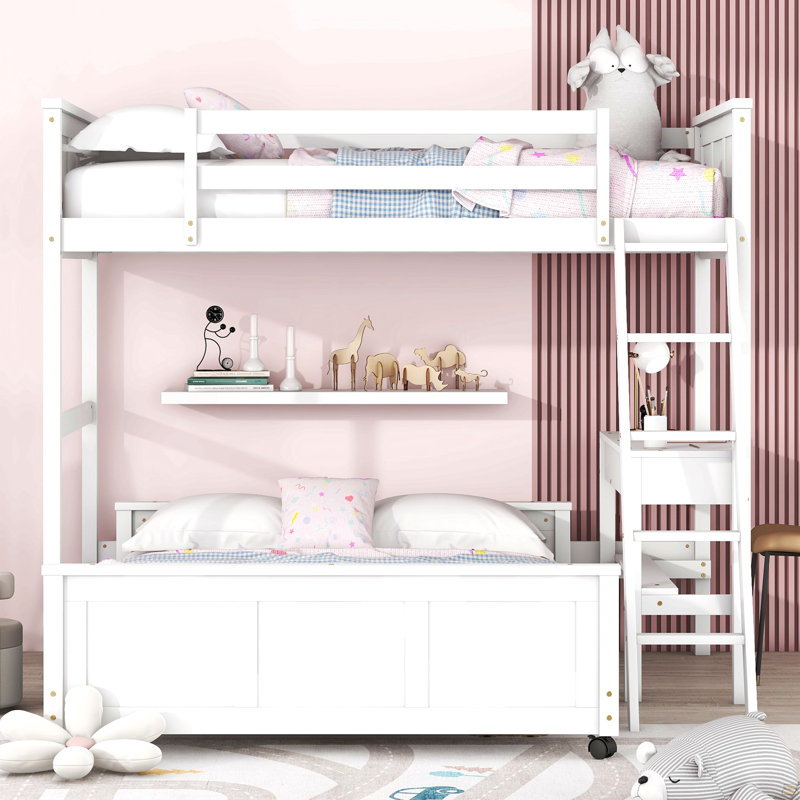 Lit simple superposé au dessus d'un lit double avec bureau, blanc