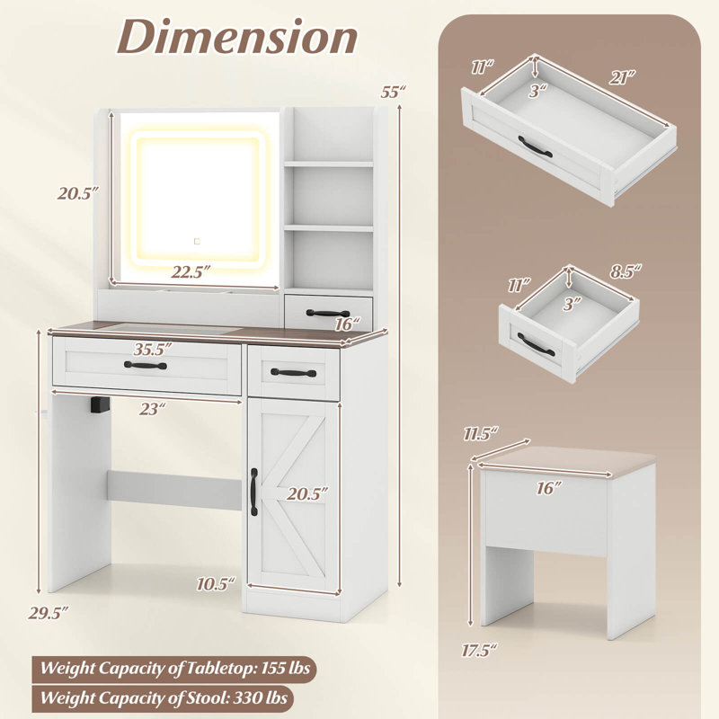Coiffeuse avec miroir et prises de courant avec éclairage 3 couleurs