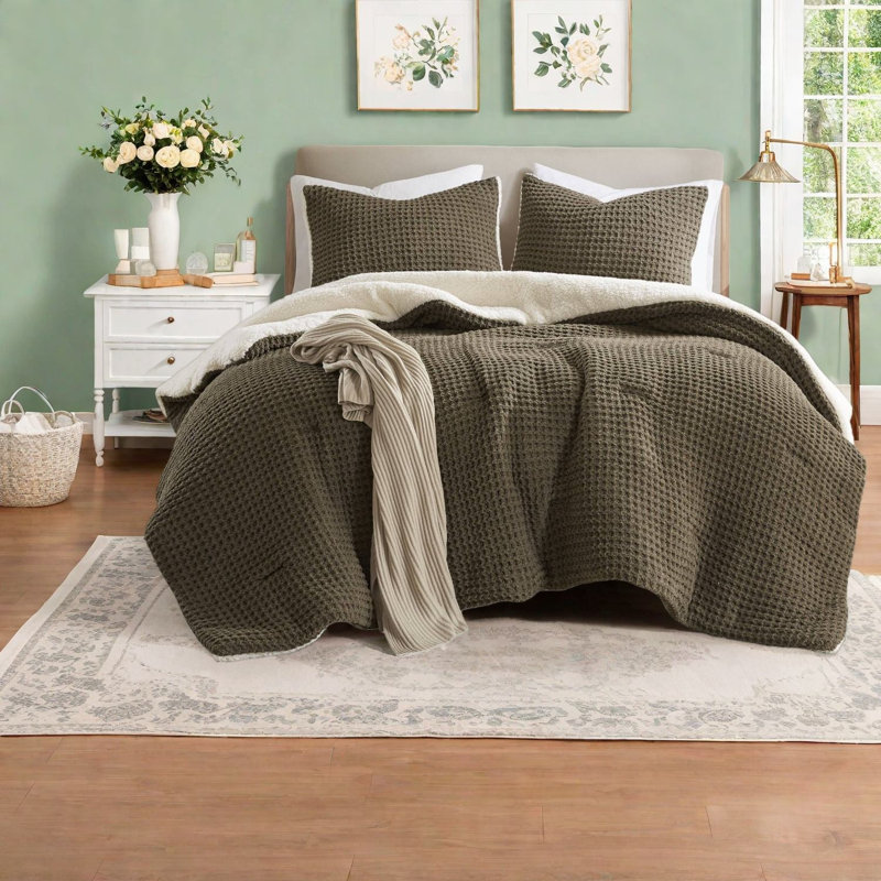 Cozy King Bedding Sets, Polyester Chenille Waffle Sherpa For Home
